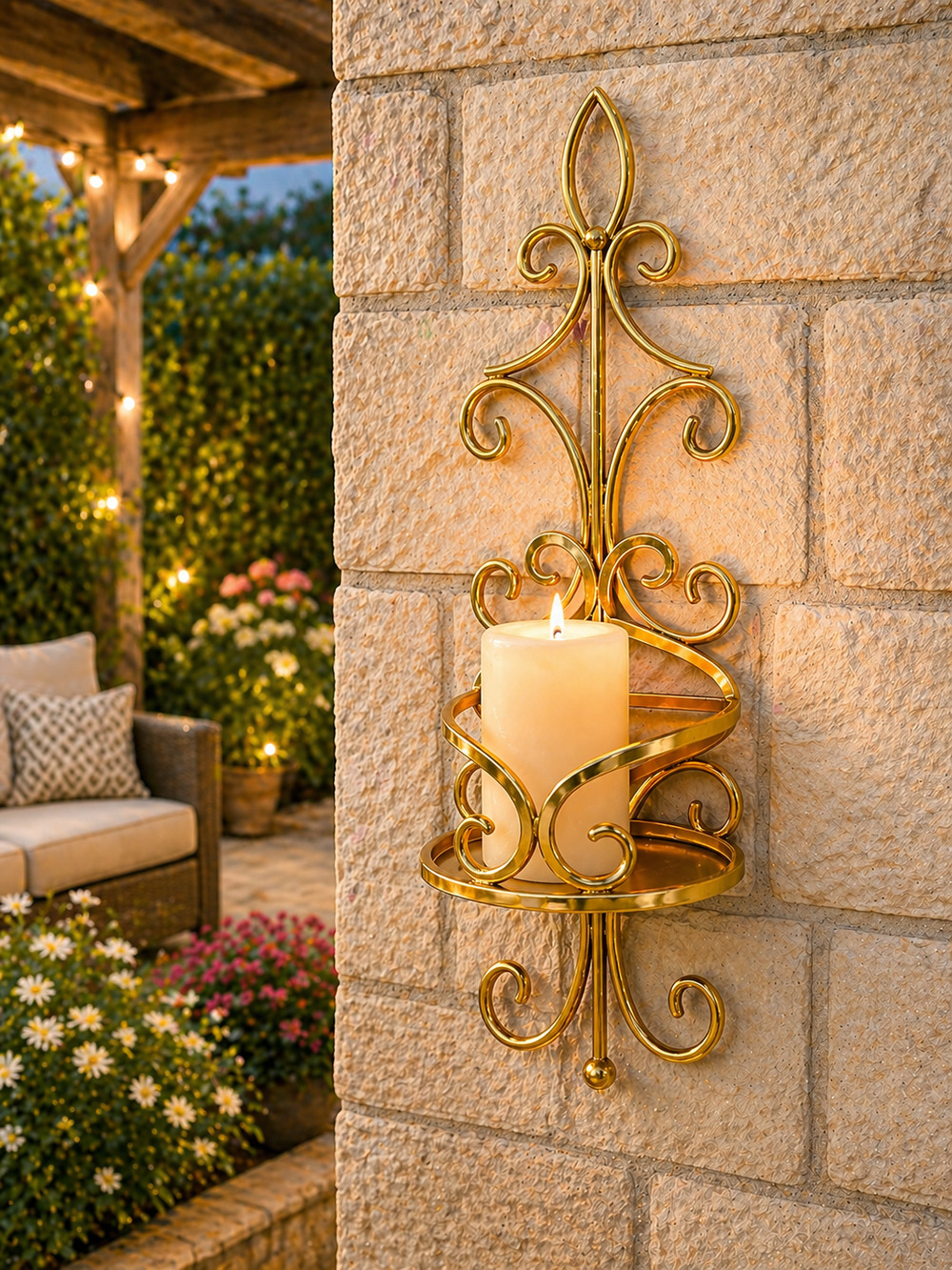 Gold Ornate Iron Swirl Pillar Candle Holder Wall Hanging Sconce